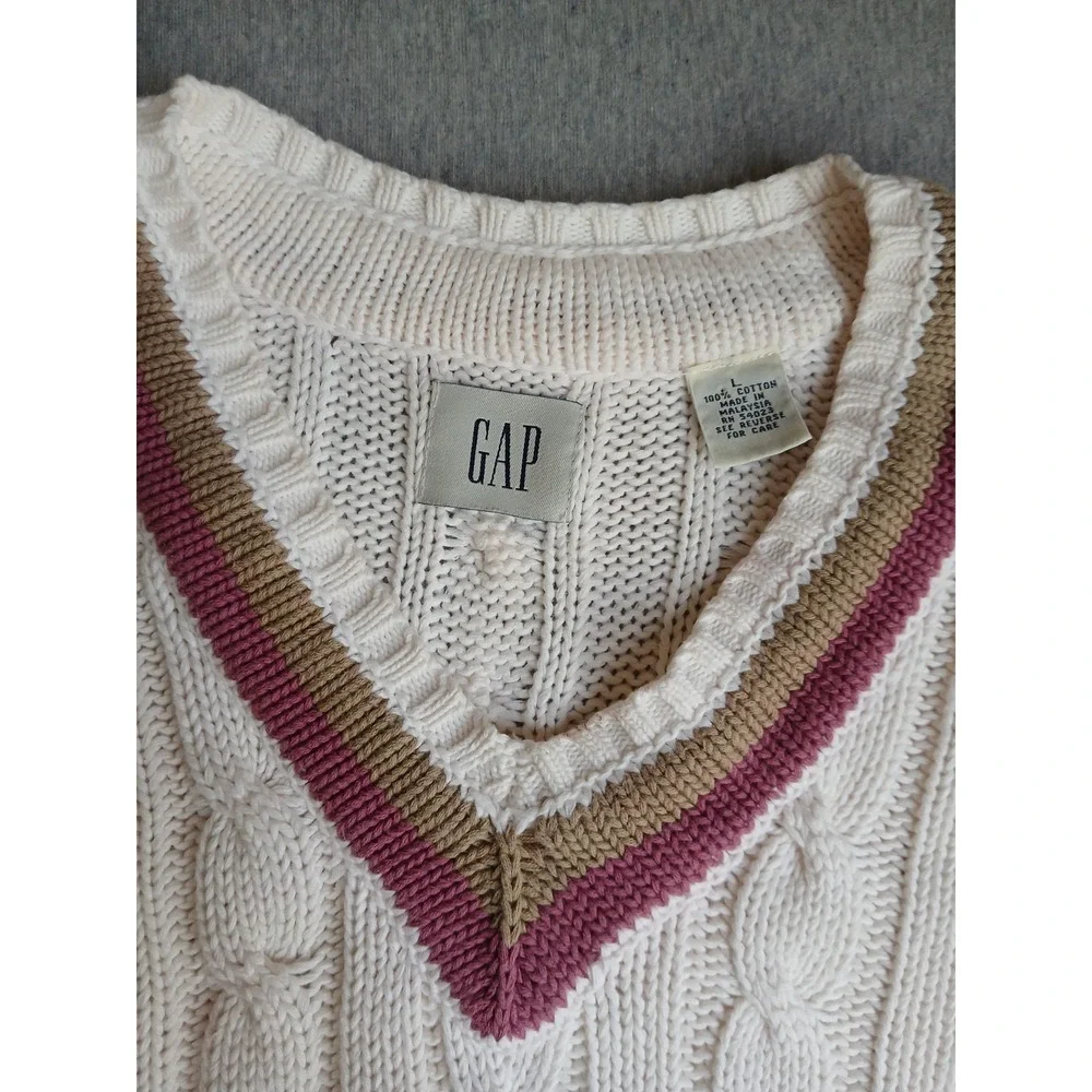 Vintage Gap Sweater Large Tennis Prep Cable Knit V Neck Preppy Wimbleton 90s - Picture 5 of 15